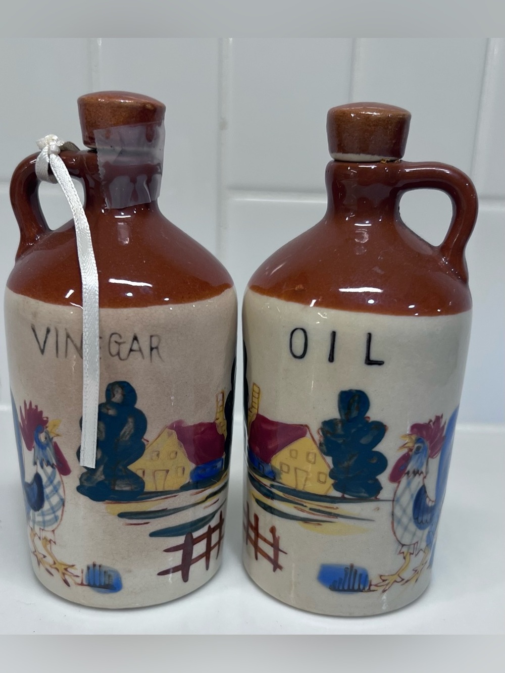 Vintage Relco Blue Roosters On The Farm Oil & Vinegar Cruet Set Brown Jug